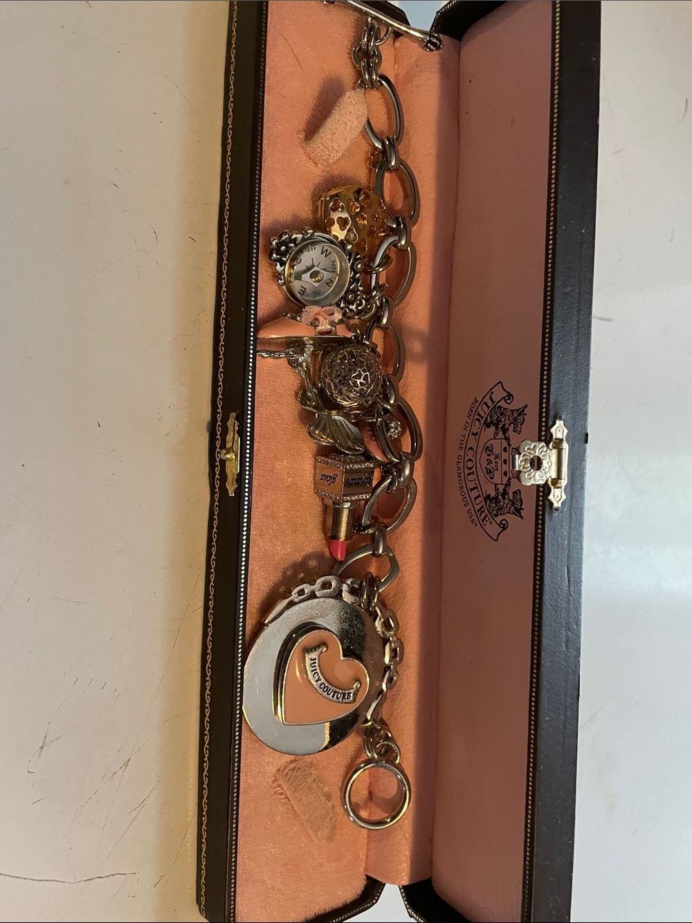 Juicy Couture Gold Tone Charm Bracelet with Heart and Lipstick Accents